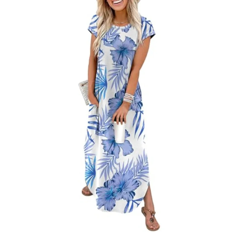 Tropical Print Cap Sleeve Maxi Dress with Pockets Casual Vacation Style