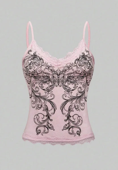 Floral Graphic Lace Camisole Tank Top with Slim Fit Streetwear Inspired Design