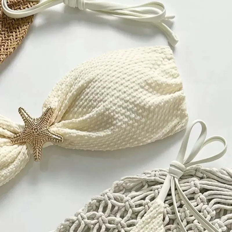 Textured Bandeau String Bikini with Starfish Hardware and Side-Tie Bottom