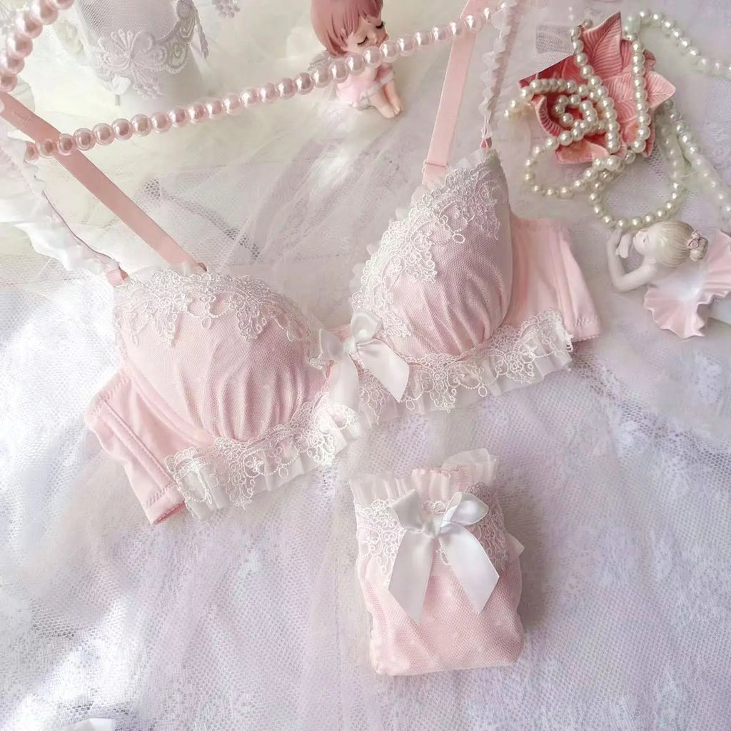 Pastel Pink Water-Soluble Lace Bra and Panty Set with Ribbon Details