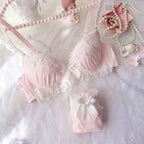 Pastel Pink Water-Soluble Lace Bra and Panty Set with Ribbon Details