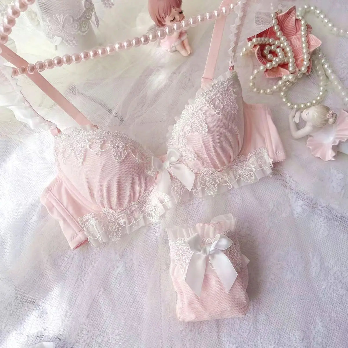 Pastel Pink Water-Soluble Lace Bra and Panty Set with Ribbon Details