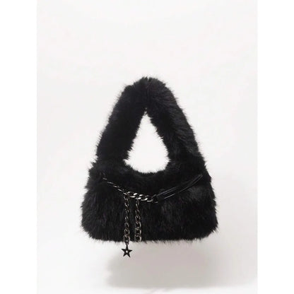 Faux Fur Hobo Shoulder Bag with Chain Detail Y2K Inspired Styling
