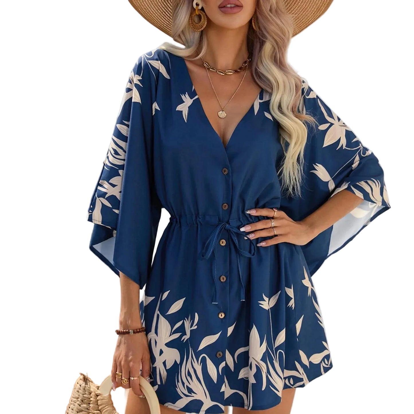 Flutter Sleeve Printed Mini Dress with Elastic Waist and Relaxed Fit