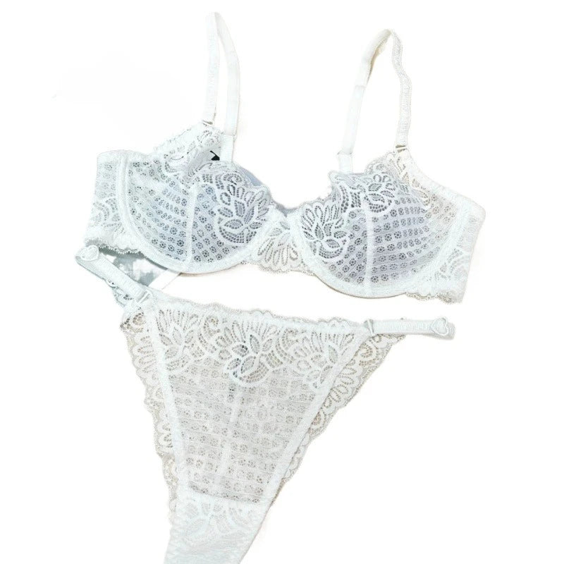 Crisp White Geometric Lace Unlined Underwire Bra and Brief Set