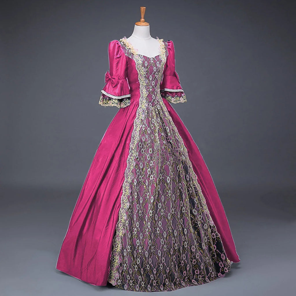 Dramatic Renaissance-Inspired Ball Gown with Ornate Brocade Panel and Flared Sleeves
