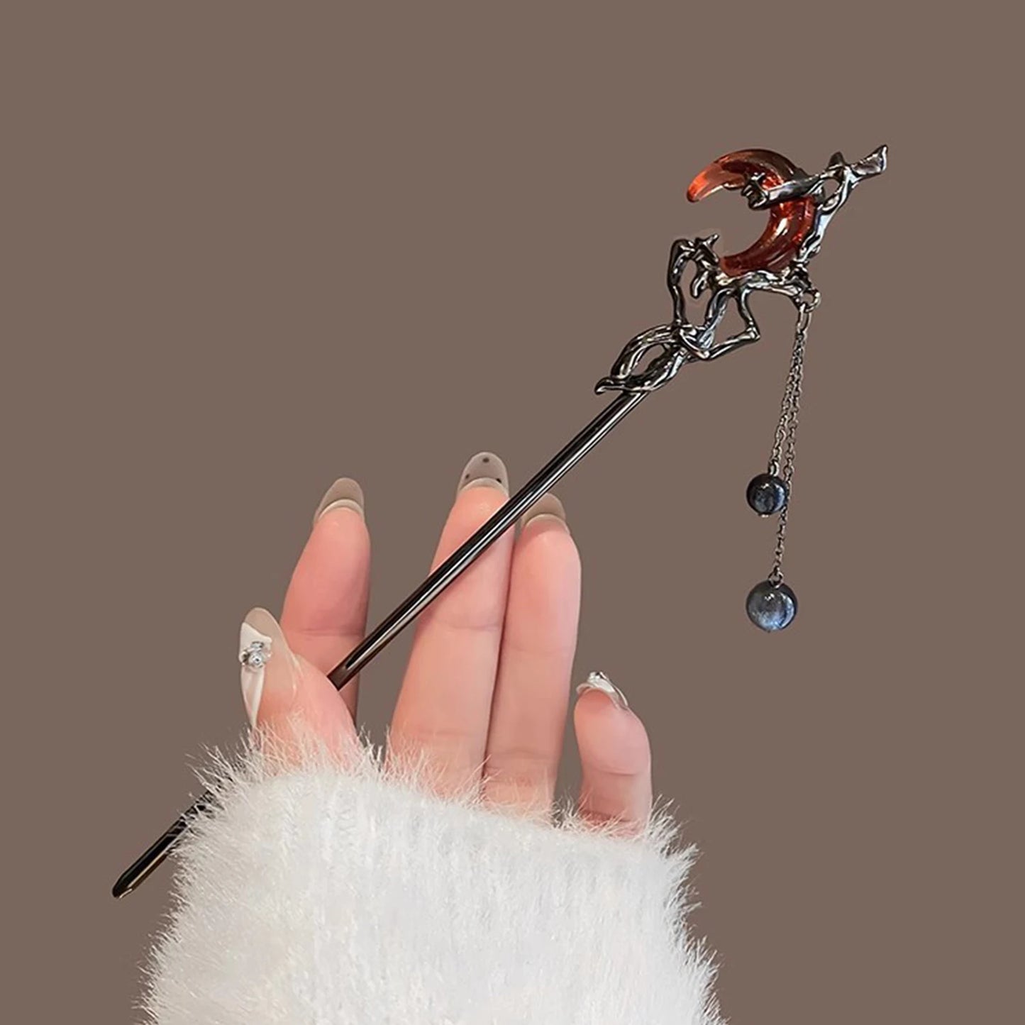 Celestial Moon Tassel Hair Stick Vintage Gothic Statement Hair Accessory