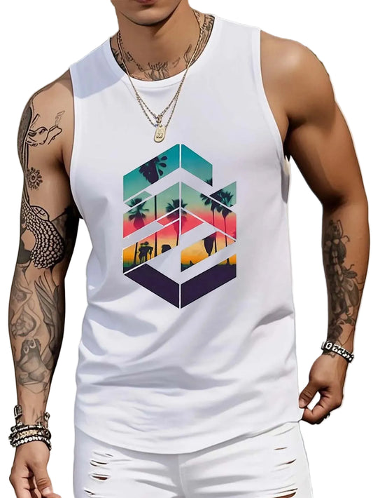 Geometric Art Cotton Tank Top with Contemporary Japanese Streetwear Inspired Graphic Design