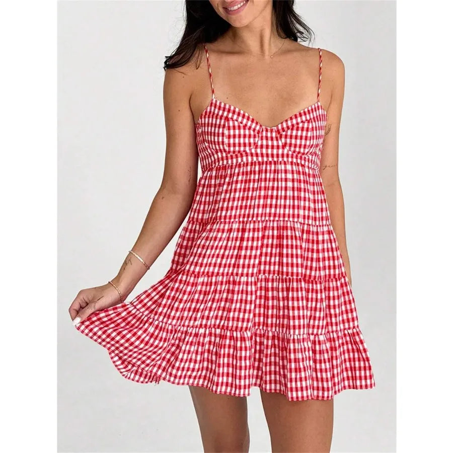 Y2K Inspired Gingham Spaghetti Strap Mini Dress With Flowy Swing Silhouette