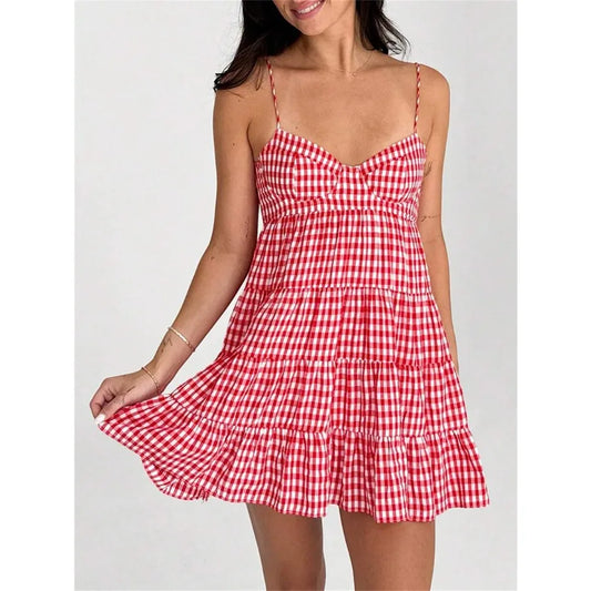 Y2K Inspired Gingham Spaghetti Strap Mini Dress With Flowy Swing Silhouette