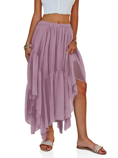 Boho High-Low Ruffle Hem Flowy Asymmetrical Maxi Skirt
