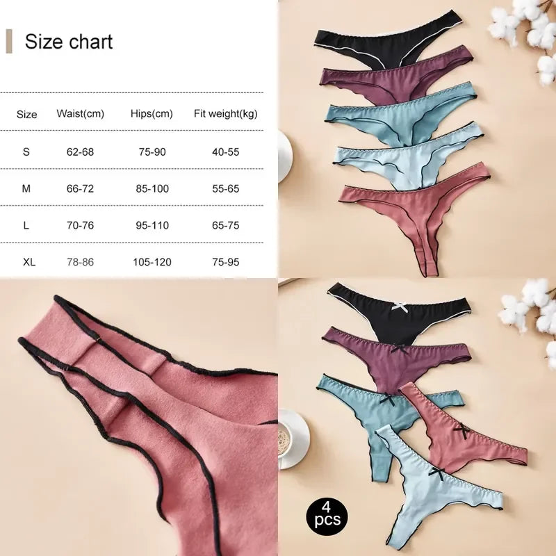 4-Piece Women’s Cotton Low-Rise Thong Panties Set with T-Back Silhouette, Decorative Bow Detail and Assorted Solid Colors