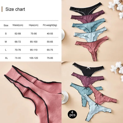 4-Piece Women’s Cotton Low-Rise Thong Panties Set with T-Back Silhouette, Decorative Bow Detail and Assorted Solid Colors