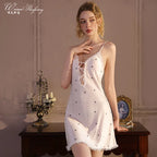 Champagne Satin-Finish Slip Dress with Plunging Lace-Up Neckline and Ruffled Trim