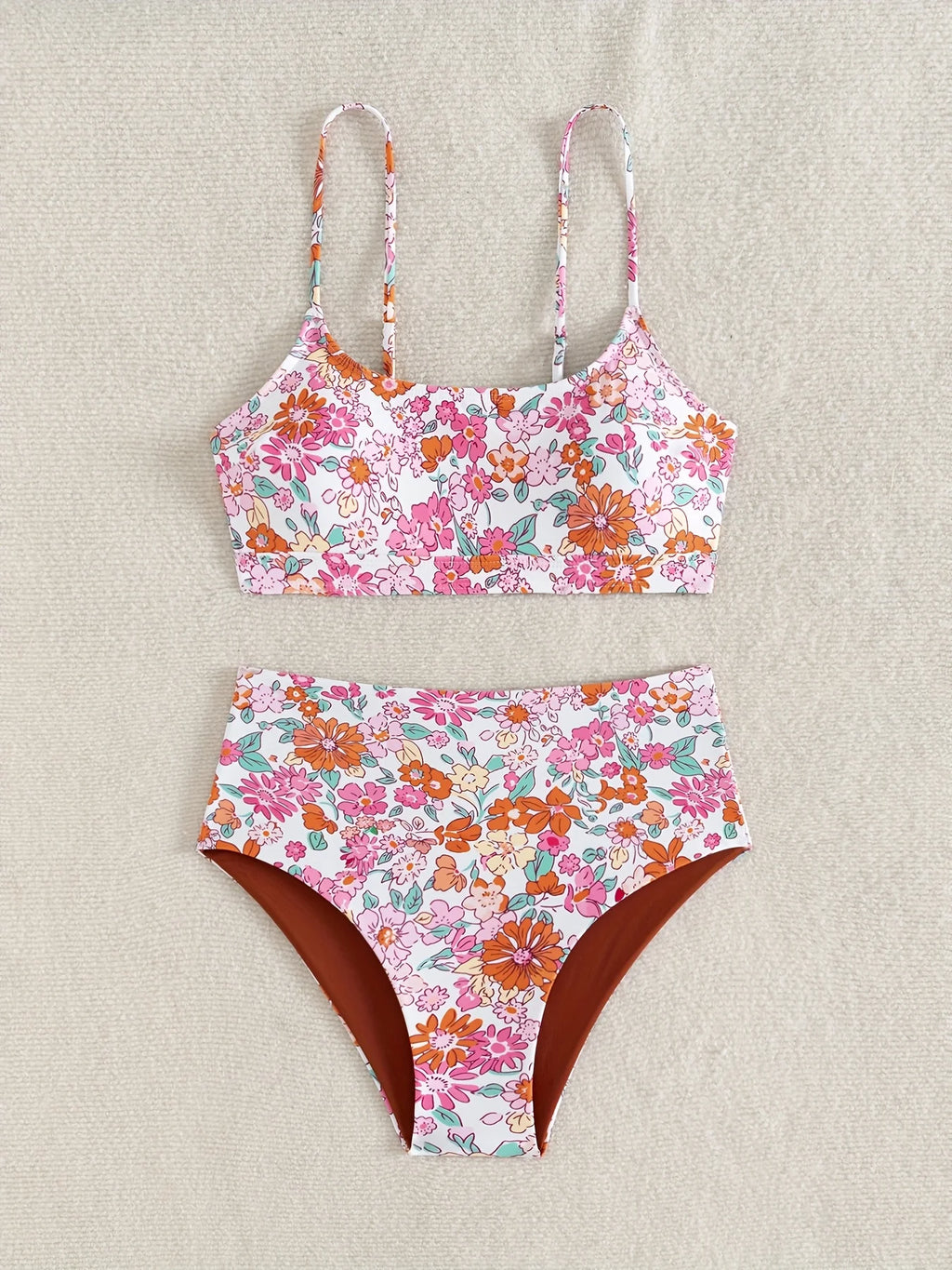 Vintage-Inspired Floral Print High-Waisted Bikini with Bralette Top