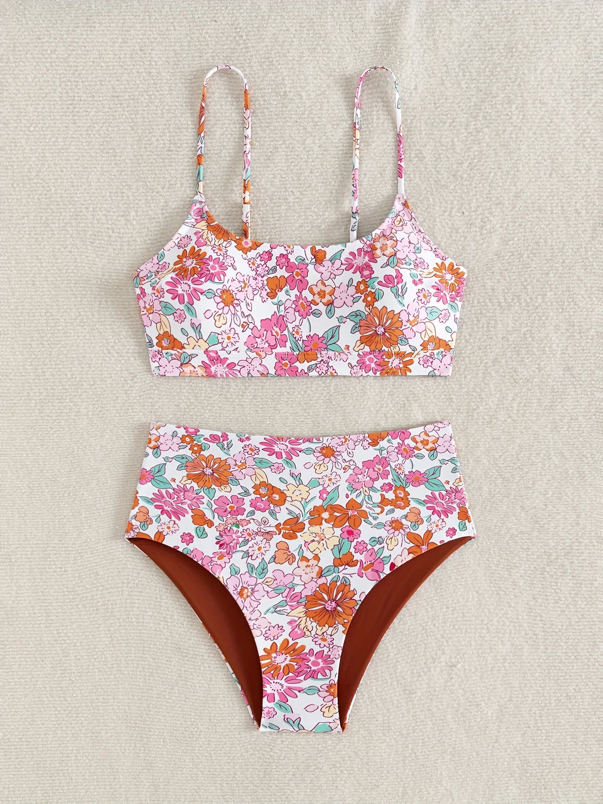 Vintage-Inspired Floral Print High-Waisted Bikini with Bralette Top