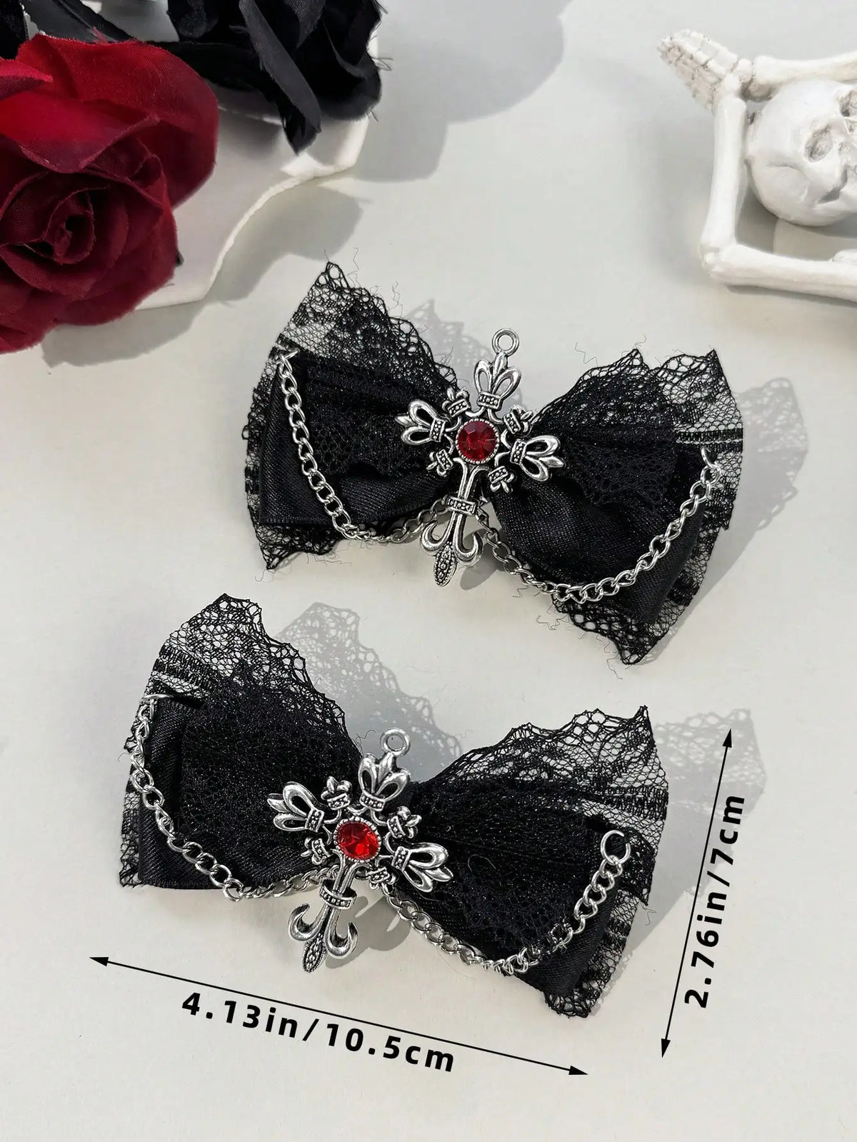 Gothic Lace Bow Hair Clips With Cross Chain Statement Accents