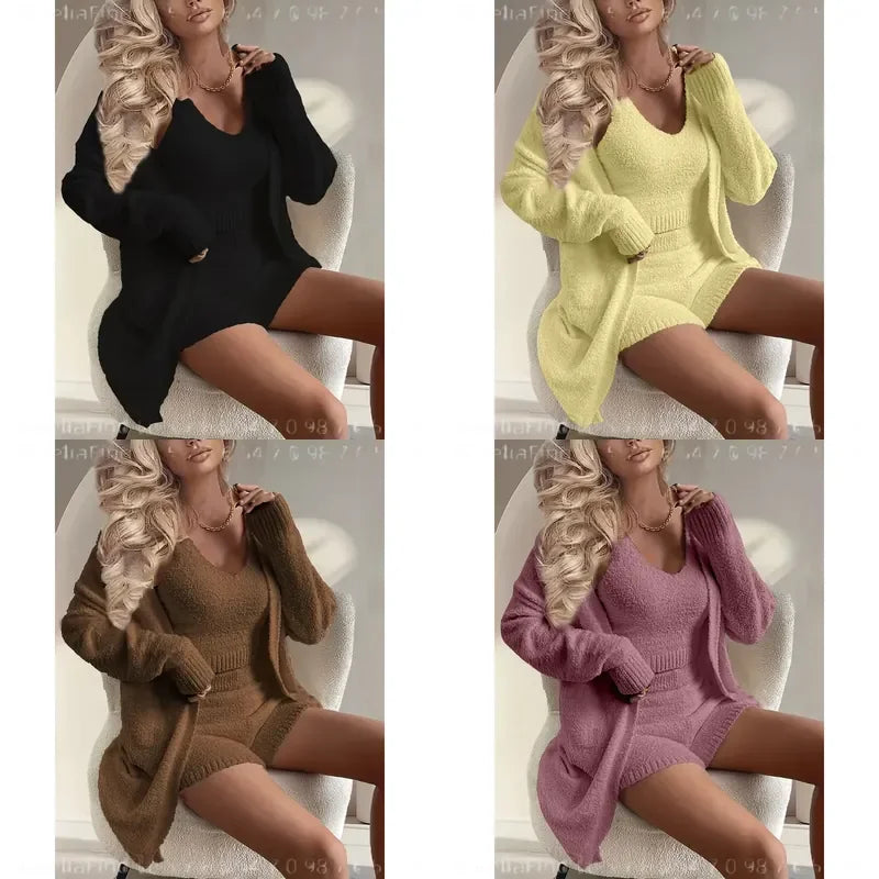 Women's Fall Loungewear Set with Long-Sleeve Cardigan, V-Neck Tank Top and Matching Shorts, Soft Relaxed Homewear Sleepwear Outfit