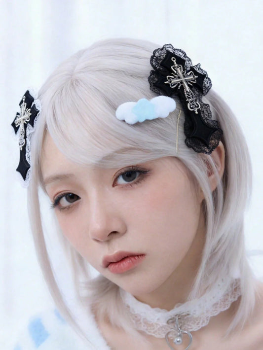 Gothic Lace Cross Hair Clip Set Dark Romantic Statement Accessories