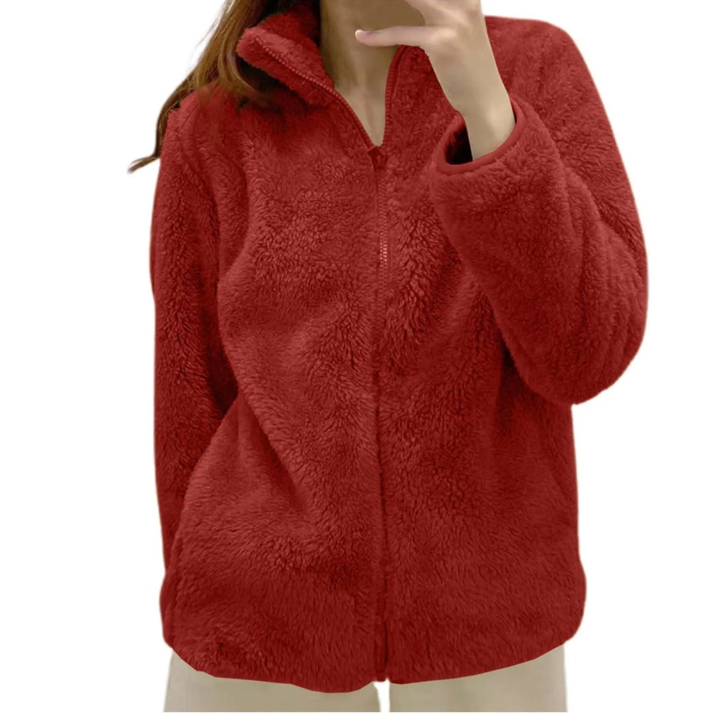 Women's Plush Polar Fleece Zip Jacket with Relaxed Everyday Streetwear Layering Fit