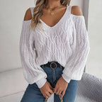 Women's Off Shoulder Cable Knit Sweater with Relaxed V Neck Silhouette