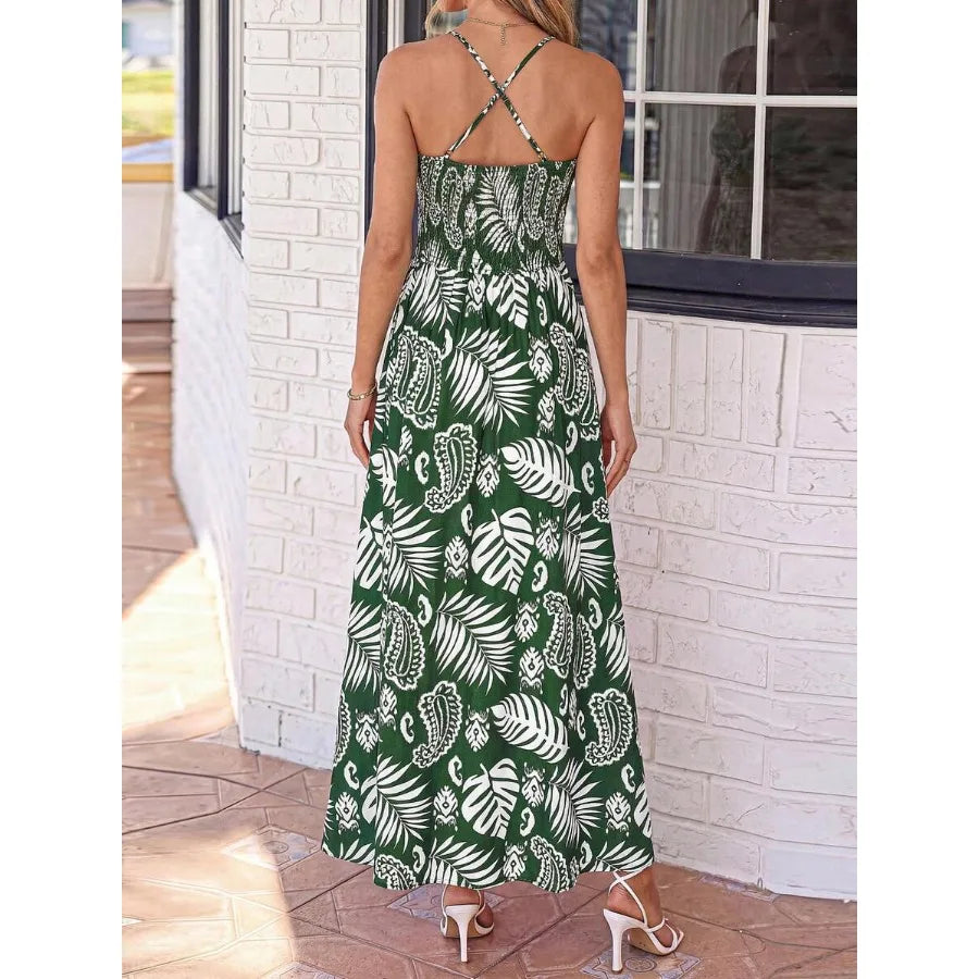 Floral Print Maxi Dress with Smocked Bodice and Open Back Detail