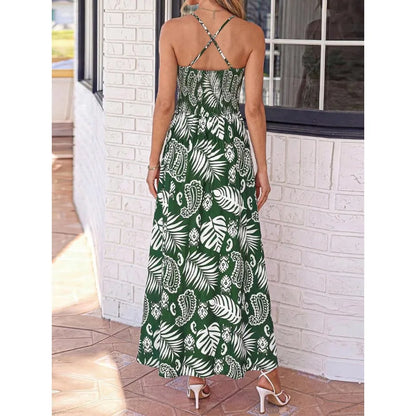 Floral Print Maxi Dress with Smocked Bodice and Open Back Detail