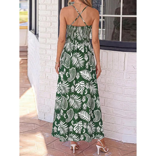 Floral Print Maxi Dress with Smocked Bodice and Open Back Detail