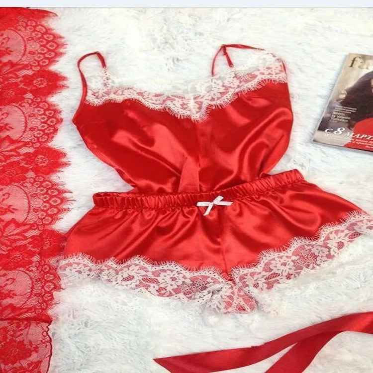 Contrasting Black Lace and Peach Satin-Finish Two-Piece Cami and Shorts Sleep Set