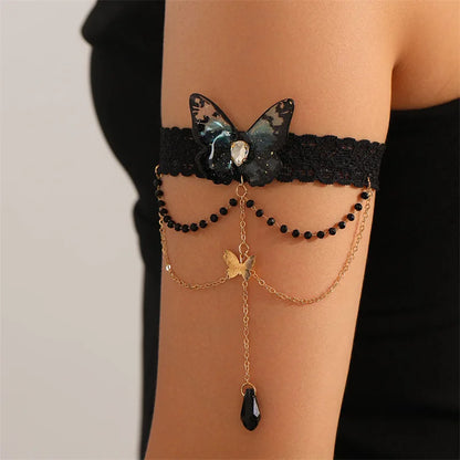 Gothic Butterfly Upper Arm Cuff with Crystal Drop Chain Accents