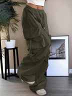 High Waist Cargo Pants with Flap Pockets Relaxed Wide Leg Streetwear Trousers