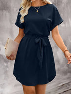 Batwing Sleeve Waist Tie Mini Dress with Relaxed A-Line Silhouette