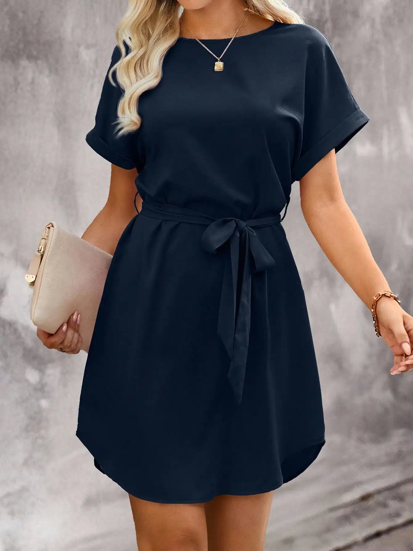 Batwing Sleeve Waist Tie Mini Dress with Relaxed A-Line Silhouette
