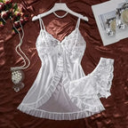 Women's Dark Green Halter Nightgown with Delicate Lace Detail, Sheer Satin-Look Mini Sleep Dress and Matching Thong Set
