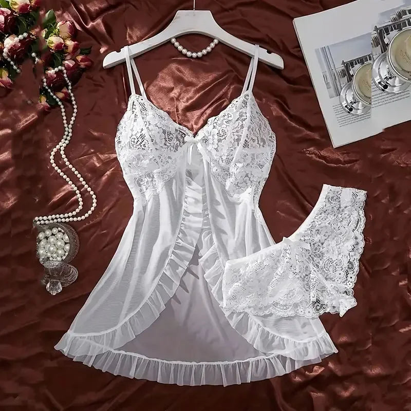 Women's Dark Green Halter Nightgown with Delicate Lace Detail, Sheer Satin-Look Mini Sleep Dress and Matching Thong Set
