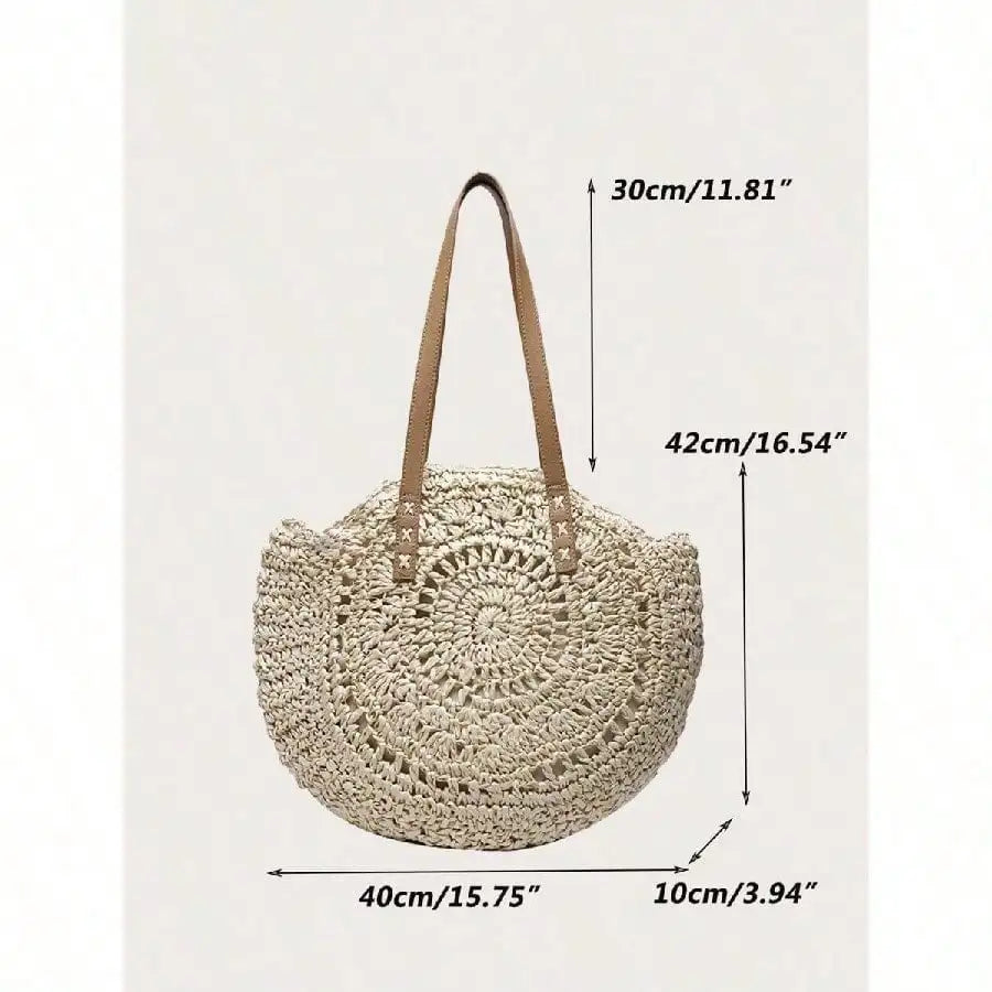 Handwoven Hollow Straw Round Tote Bag with Open Design Summer Carryall