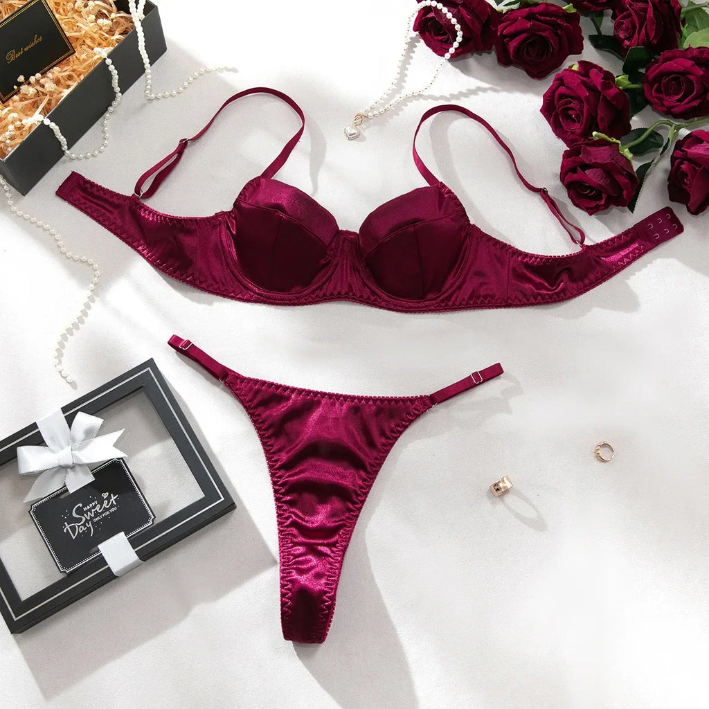Lustrous Ruched Satin Demi Bra and Minimalist String Thong Set
