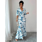 Floral Wrap Style Maxi Dress with Ruffle Hem and Flutter Sleeves