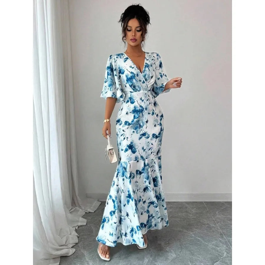 Floral Wrap Style Maxi Dress with Ruffle Hem and Flutter Sleeves