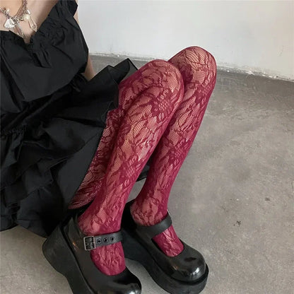 Floral Embroidered Mesh Stockings with Sheer Lace Pattern for Contemporary Streetwear Styling
