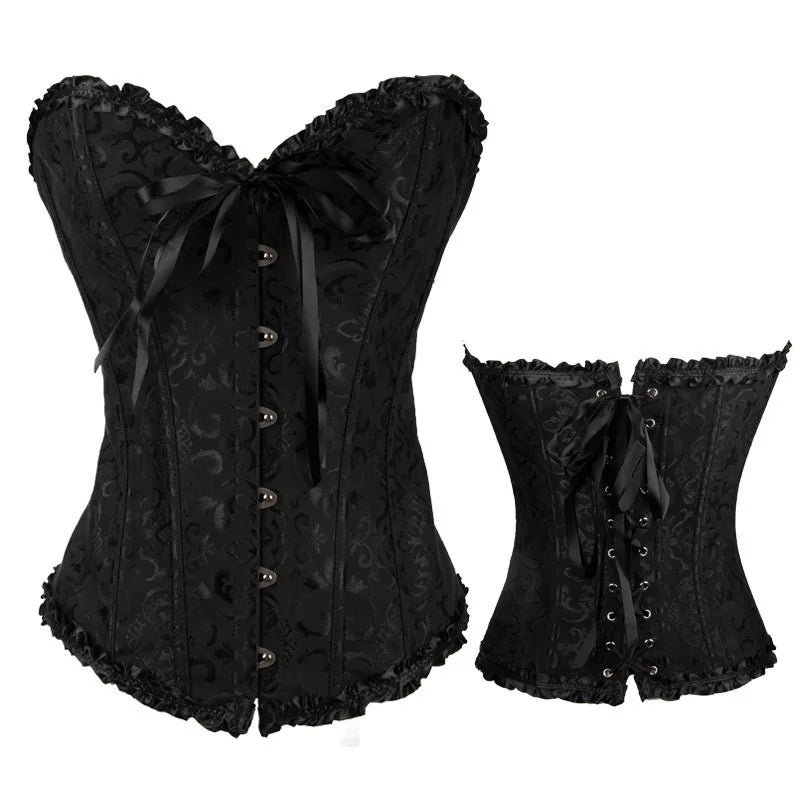 Black Floral Lace Strapless Overbust Corset with Sweetheart Neckline and Ribbon Accent