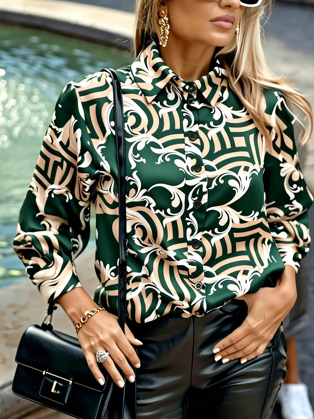 Bold Baroque Scroll Print Button-Down Blouse with Luxurious Satin Finish