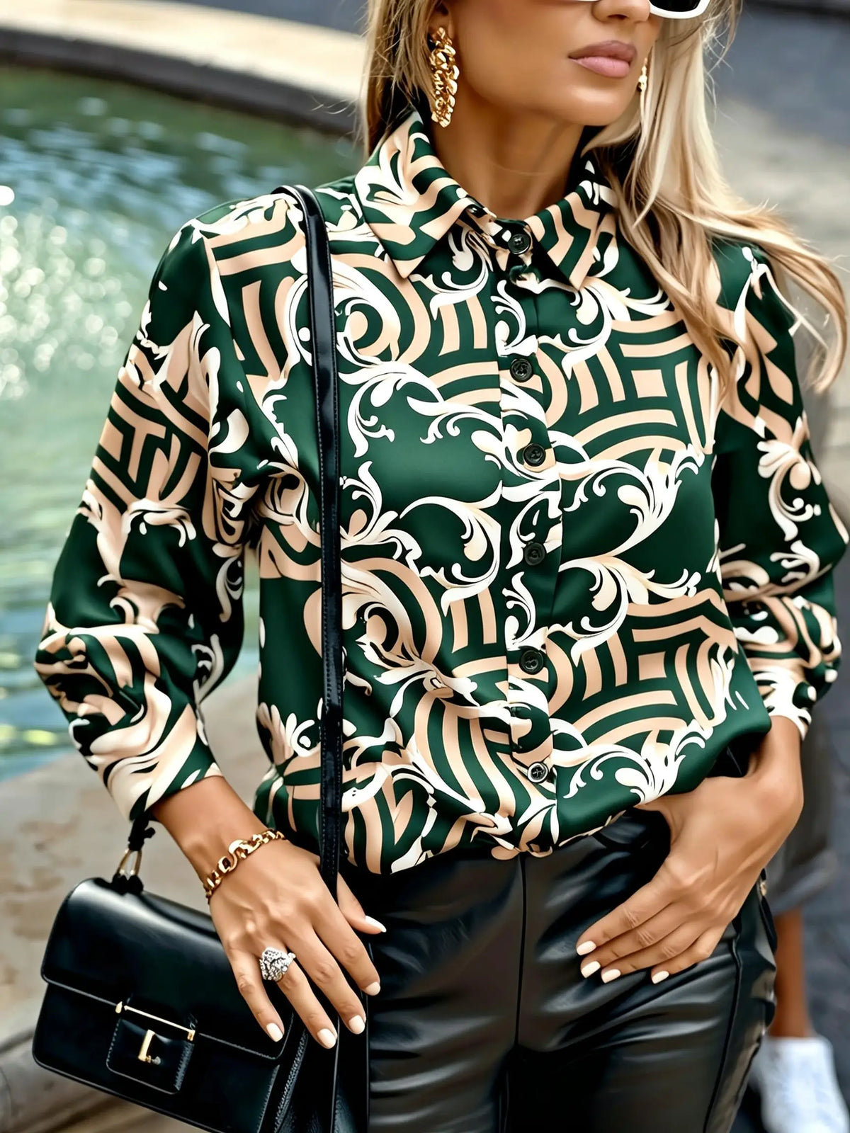 Bold Baroque Scroll Print Button-Down Blouse with Luxurious Satin Finish