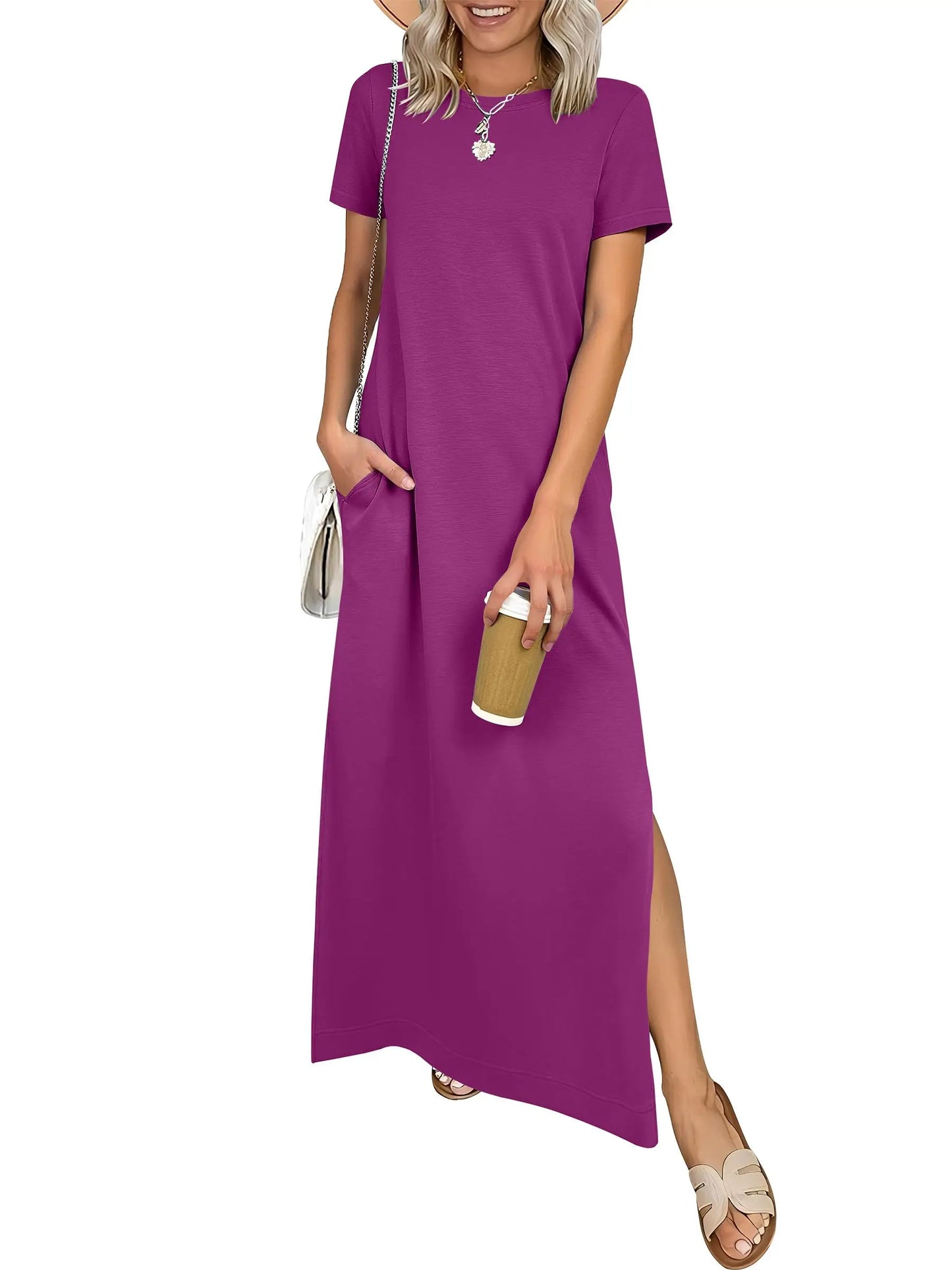Relaxed Crew Neck Maxi Dress with Side Slits and Functional Pockets