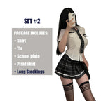 Earth-Toned Collegiate Roleplay Set with Collared Top, Brown Plaid Skirt, and Coordinated Tie