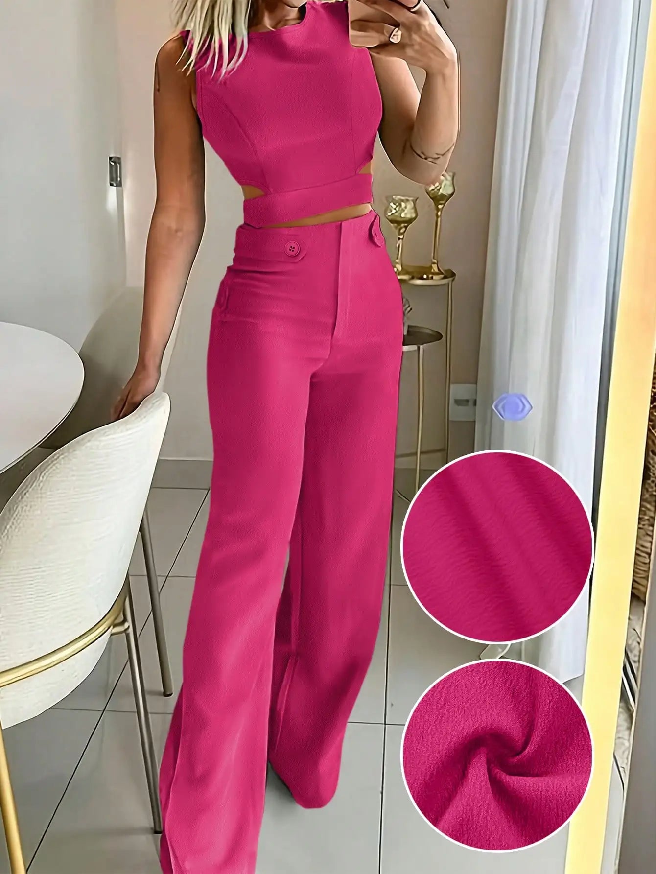 Sleeveless Button Detail Top and Flare Pants Casual Co-Ord Set