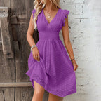 Eyelet Lace A-Line Mini Dress with Ruffle Sleeves and Defined Waist