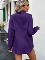 Relaxed Fit Deep Purple Button-Down Blouse with Chest Pocket and Classic Collar