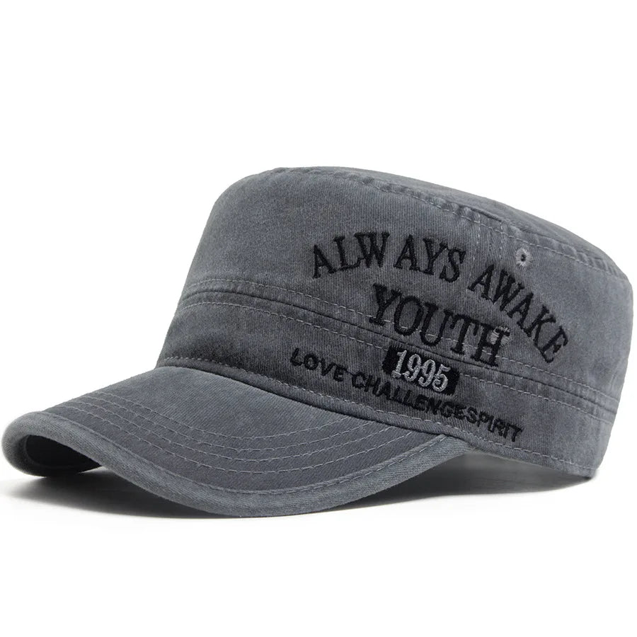 Unisex Vintage Military Style Flat Top Cap with Embroidered Detail for Casual Everyday Wear