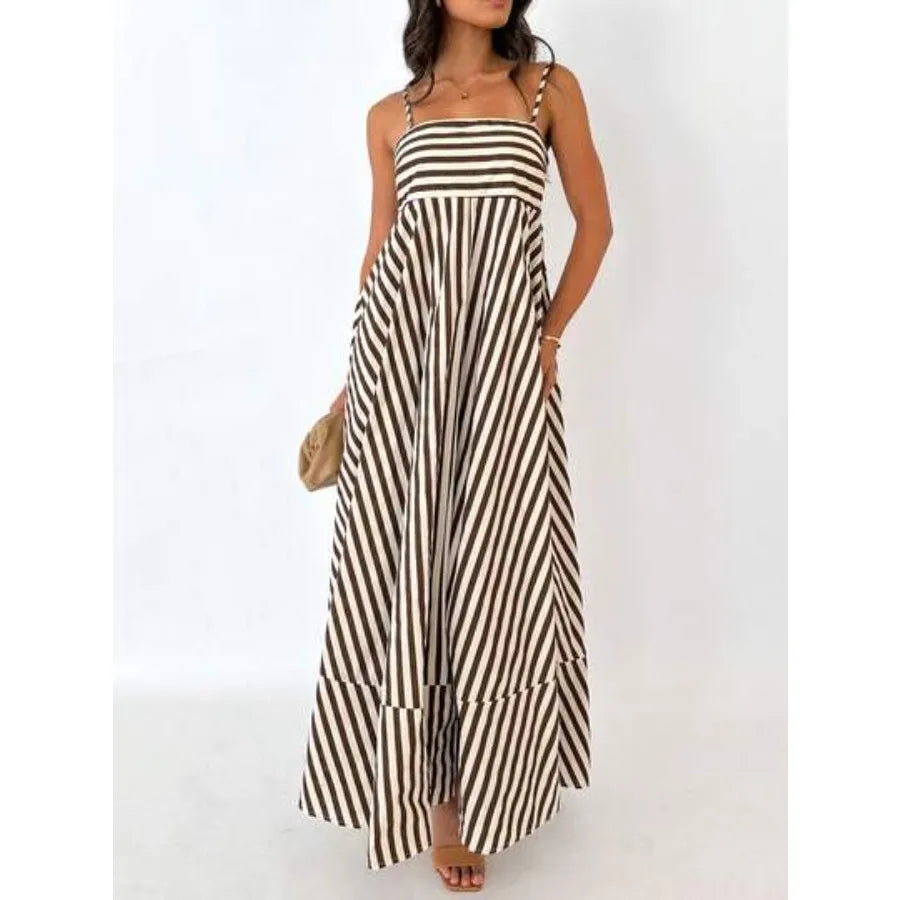 Smocked Spaghetti Strap Flowing Maxi Dress with Relaxed Contemporary Fit